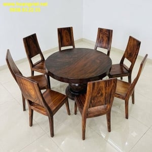 Bàn ăn tròn 8 ghế gỗ me tây nguyên tấm 1m2