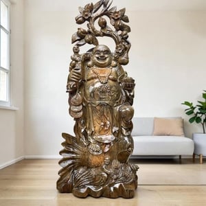 Di lặc đứng cá chép gỗ thủy tùng 127x52x30cm