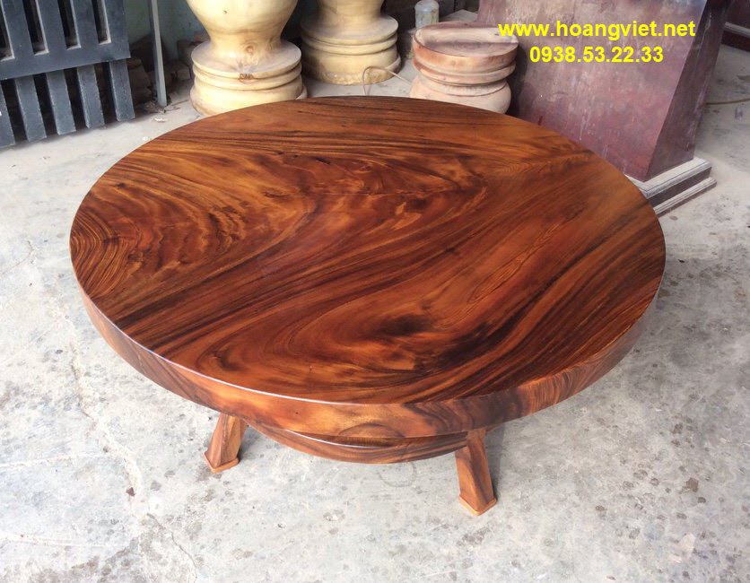 Mẫu bàn trà tròn gỗ 2 tầng gỗ me tây nguyên tấm.