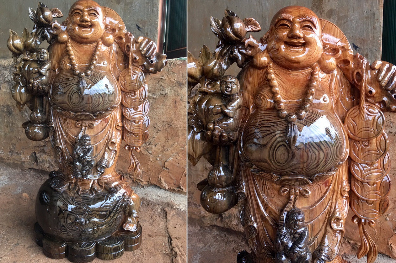 Tượng phật di lạc vác cành đào gỗ thủy tùng Tượng phật di lạc vác cành đào gỗ thủy tùng