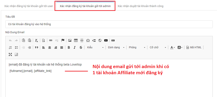 Cấu hình Email mặc định gửi khách hàng đăng ký Affiliate