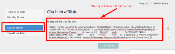 Nhúng mã livechat vào tài khoản affiliate