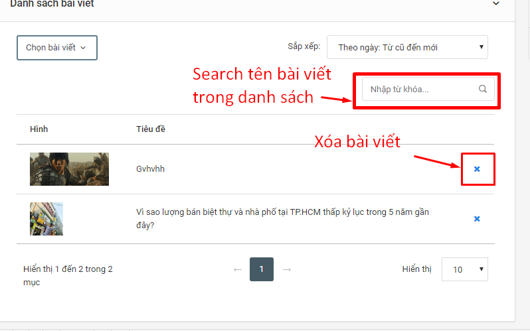 Tìm kiếm nhanh vào xóa bài viết