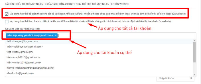 Tùy chọn cho tất cả tài khoản Affiliate hay riêng lẽ