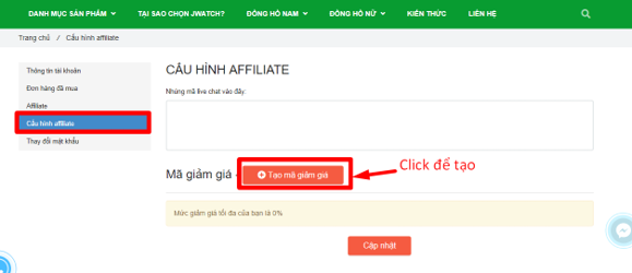 Vào mục cấu hình Affiliate tạo mã giảm giá