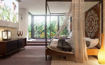 Phong cách nhiệt đới một thiết kế nội thất phòng ngủ.